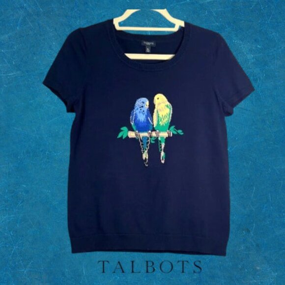Talbot Vintage Love Birds Cotton Deep Navy Crew Neck Short Sleeve Sweater - Picture 1 of 9
